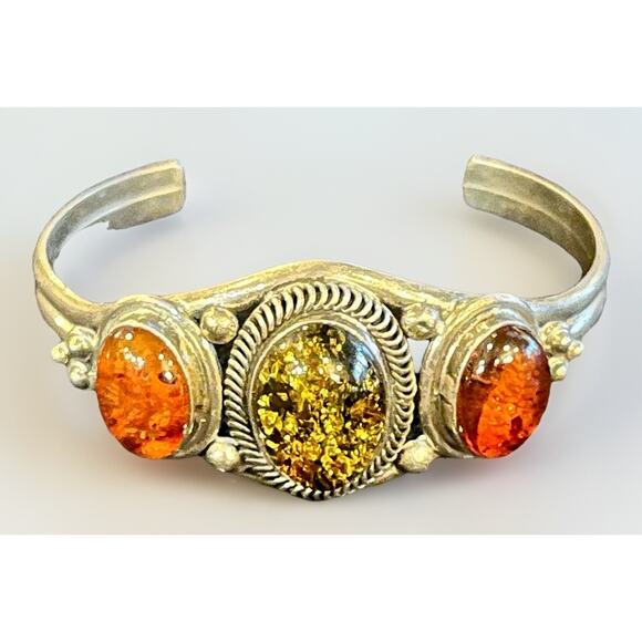 Signed Navajo Sterling Silver Amber Gemstone Cuff Bracelet 925 Native American